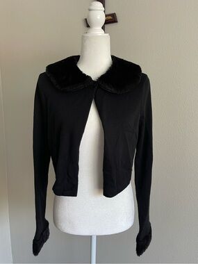 Bonnie Jean Black Faux Fur Trim Cropped Knit Cardigan